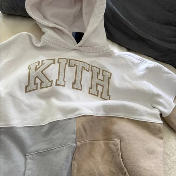 Kith Unisex Hoodie Colorblock College Sweatshirt in White, Gray, Tan - Picture 3 of 13